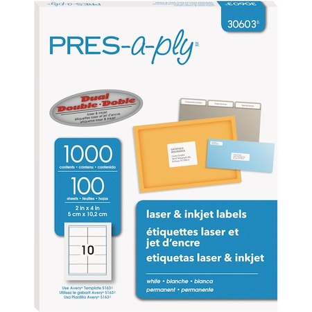Pres-A-Ply Label, Lsr/Inkjet, 4X2, We, 1M AVE30603